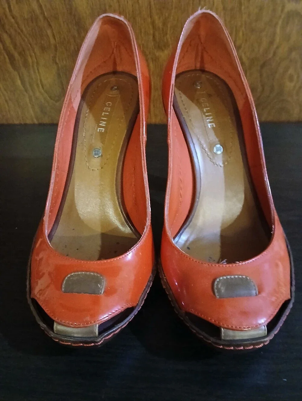 vintage CELINE red & brown patent leather wood heels